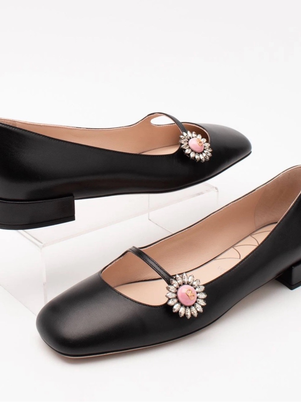 Valentino Garavani Black Leather Mary Jane Flats with Pink Jewel